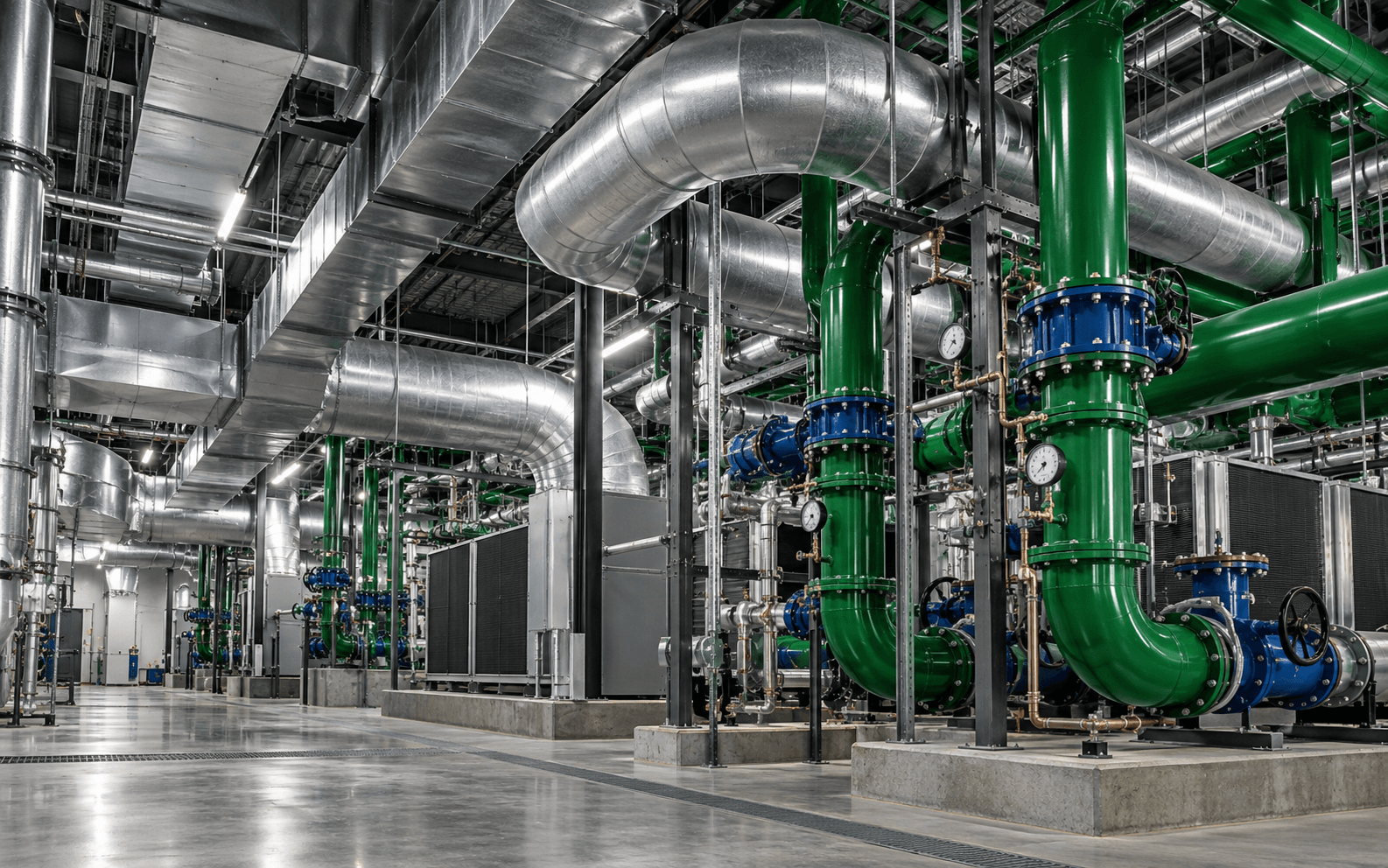 Green and blue mechanical pipework beneath large silver ventilation ducts