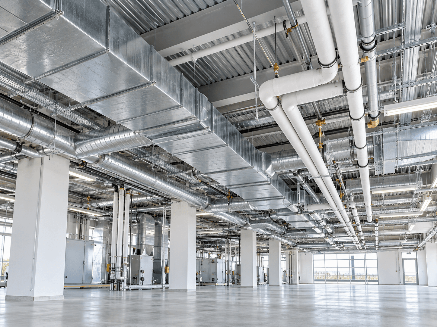 Orderly newly installed ductwork in a bright commercial space