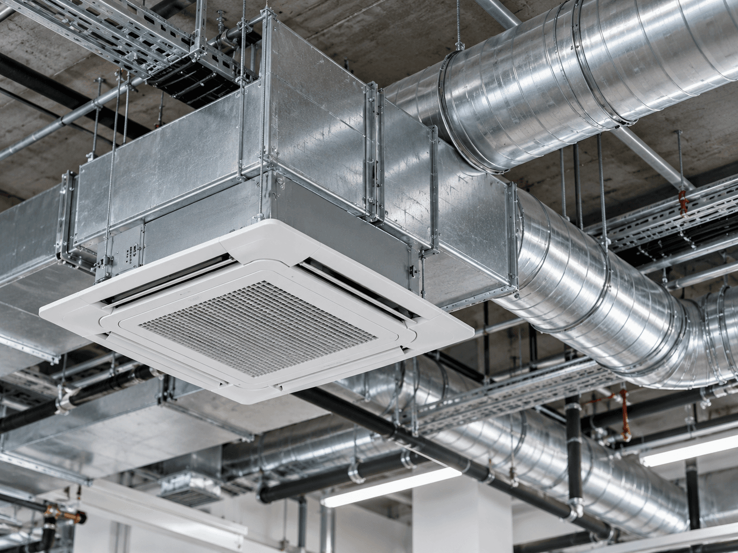 Ceiling cassette air conditioner among metal ventilation ducts